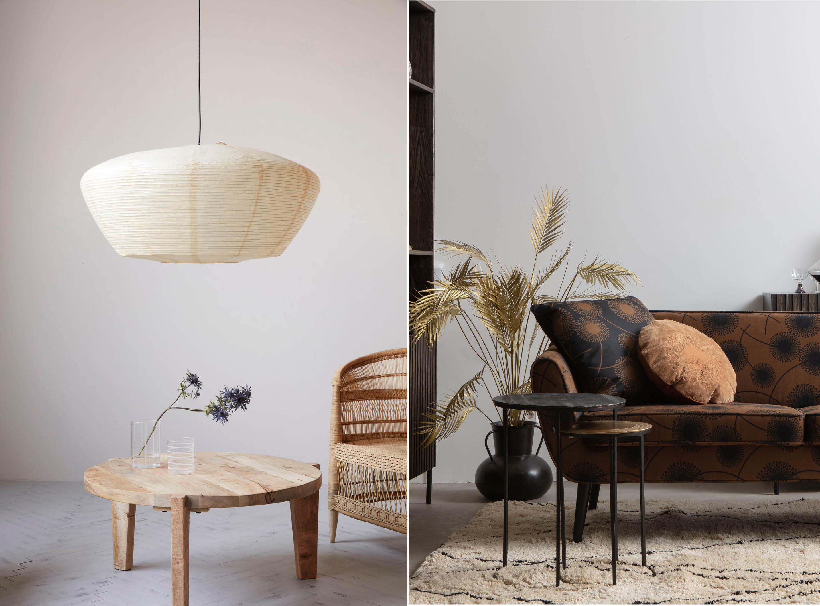 Verlichting Housedoctor - WOOOD Bloom sofa - palm kunstplant - tate bijzettafels